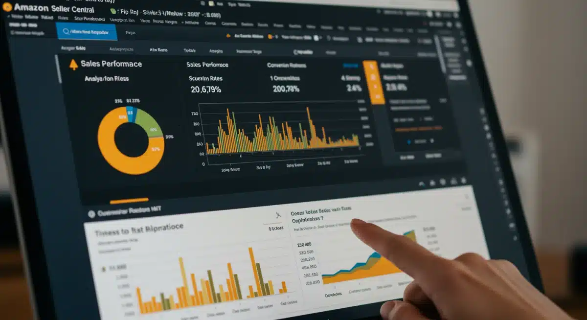 Amazon Seller Central dashboard showing key performance indicators and data analysis.