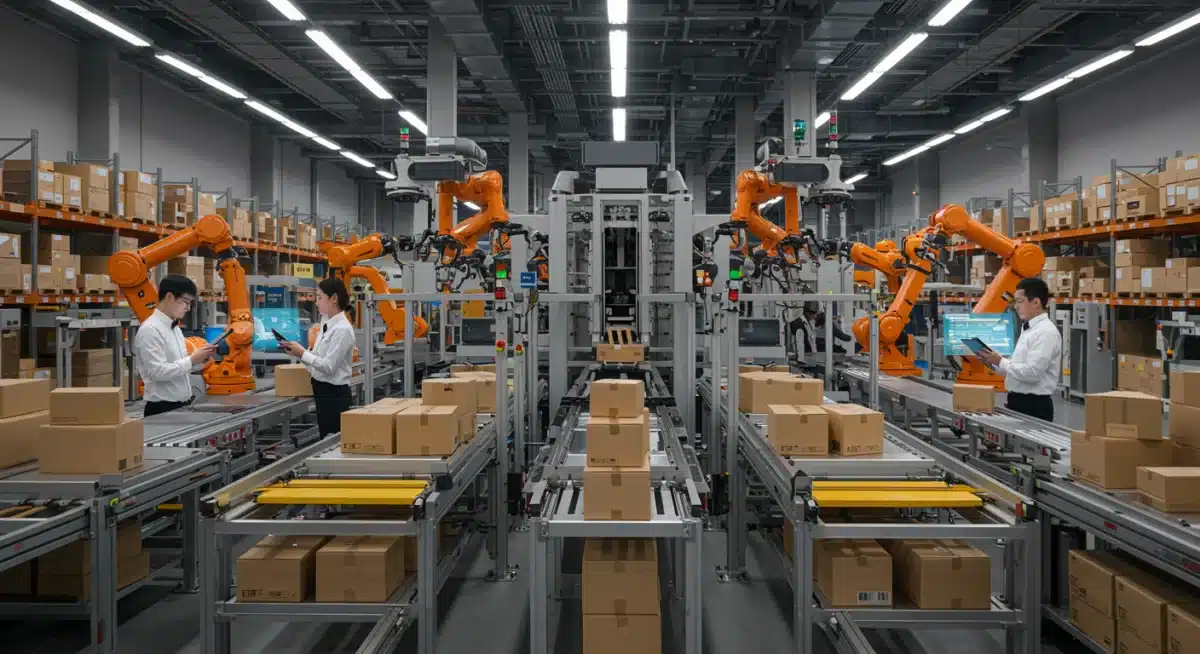 Automated logistics warehouse with robotic arms and employees optimizing supply chain.