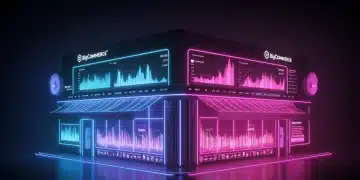 Futuristic digital storefront illustrating BigCommerce's 2025 headless commerce capabilities and speed improvements for US e-commerce.