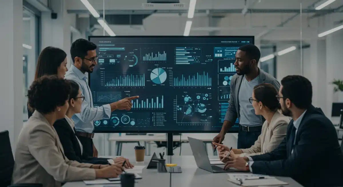 Business team analyzing AI-powered analytics for strategic decisions