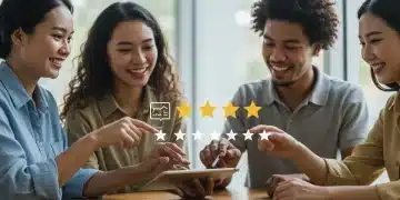Smiling customers giving positive feedback on a tablet, with product rating stars increasing, representing better product ratings.