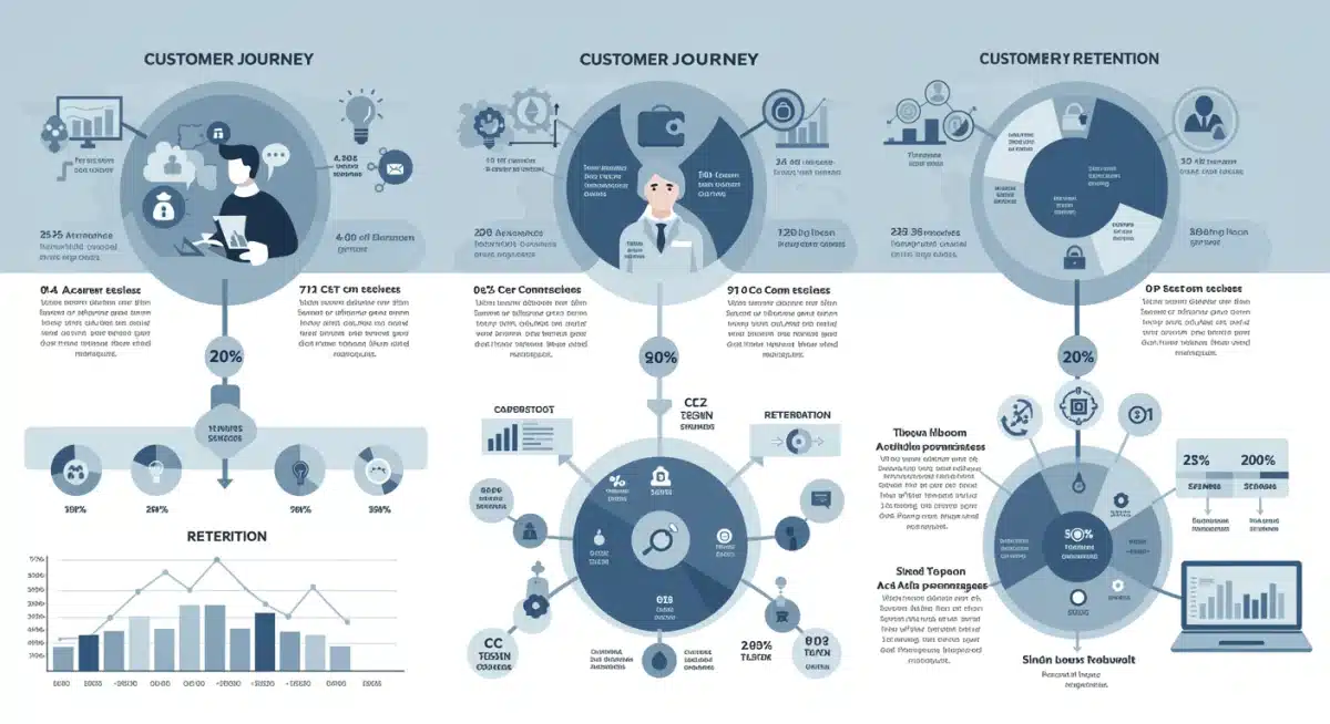 Infographic depicting customer journey stages with cohort segmentation and data analytics insights.