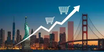 E-commerce growth chart over US landmarks, symbolizing market success