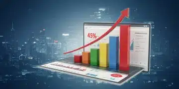 Illustration of a 45% organic traffic increase on an e-commerce dashboard with a US city background, symbolizing digital growth and success.