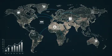 Global e-commerce map showing cross-border selling to US with growth charts.