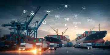 Global supply chain network with ships, trucks, and data, emphasizing resilience
