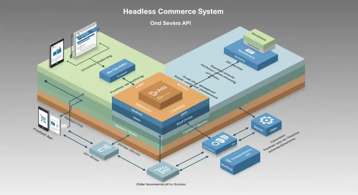 Architectural diagram showing the decoupled nature of headless commerce, with API connections between frontend and backend.