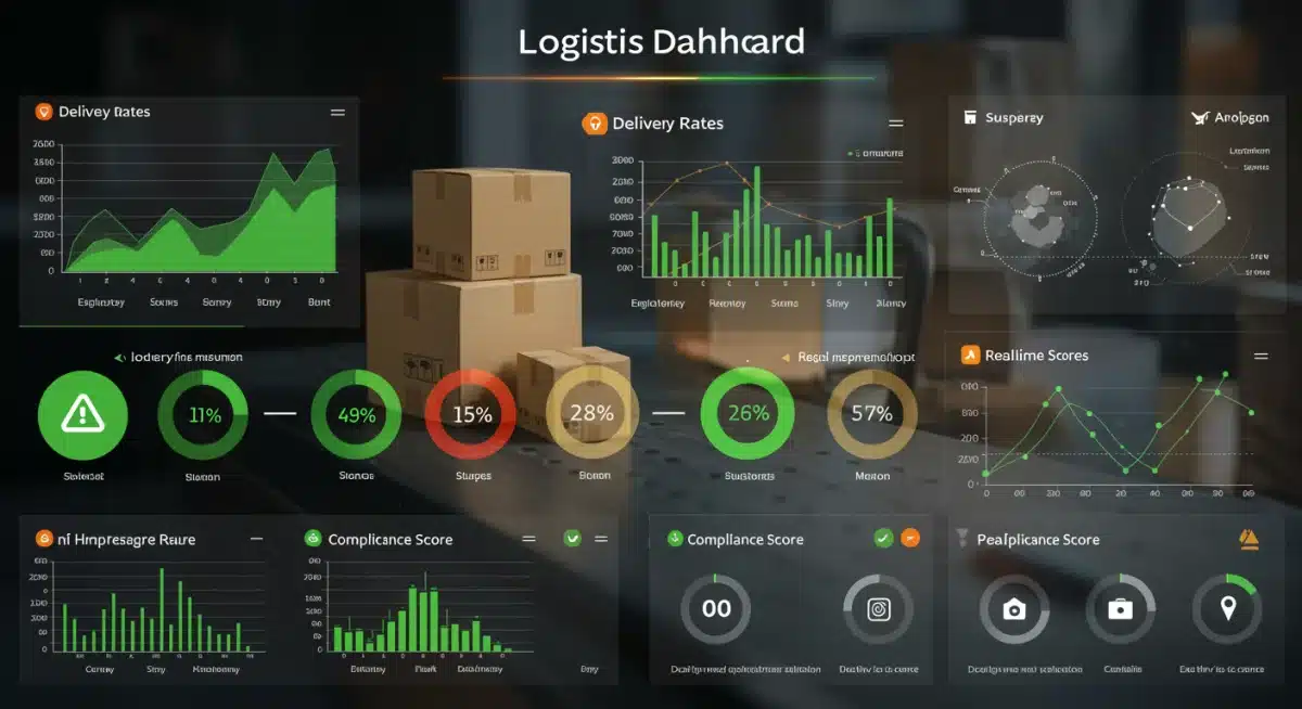 Digital logistics dashboard showing delivery rates and compliance scores