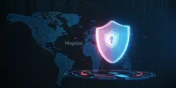 Digital shield protecting a Magento logo, representing security for US online stores.