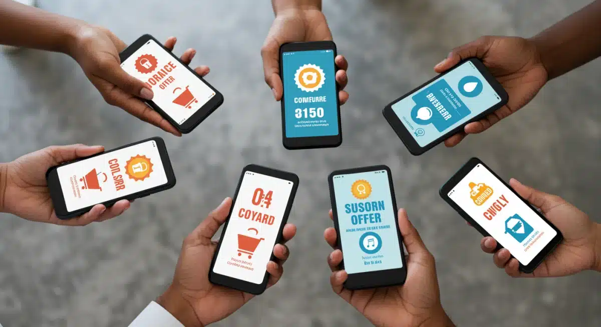 Hands holding smartphones displaying personalized e-commerce offers and loyalty rewards