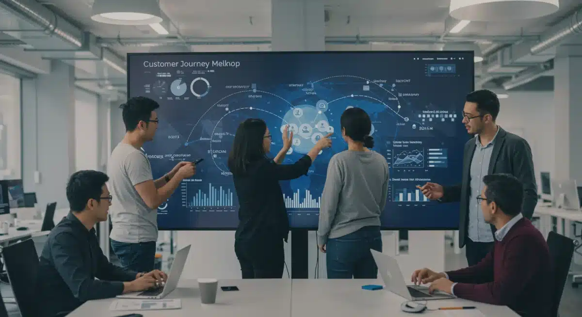 Product development team analyzing customer journey map with integrated sentiment data.