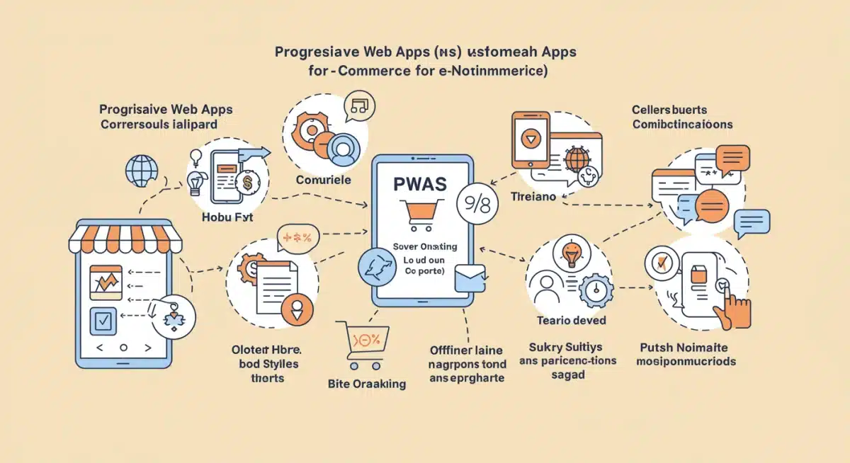 Infographic showing PWA benefits for e-commerce, including speed, offline access, and notifications.