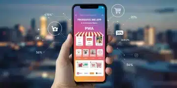 Mobile phone displaying PWA e-commerce site, reflecting increased mobile engagement and digital innovation.