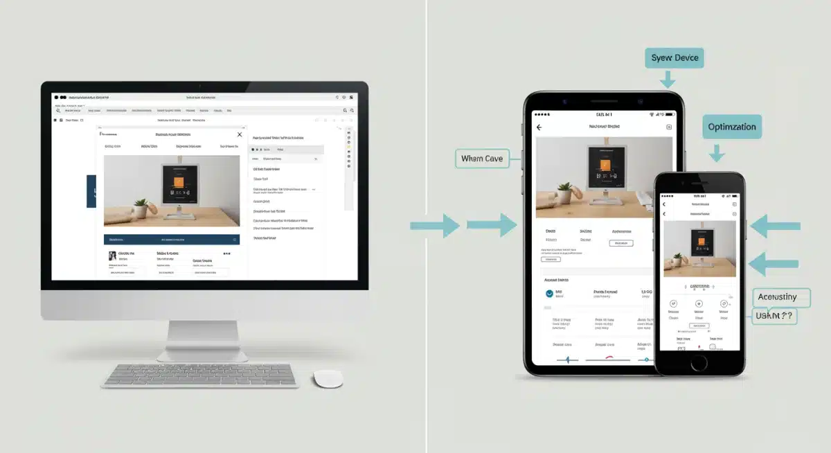 Responsive e-commerce design comparison showing desktop and mobile views side-by-side.