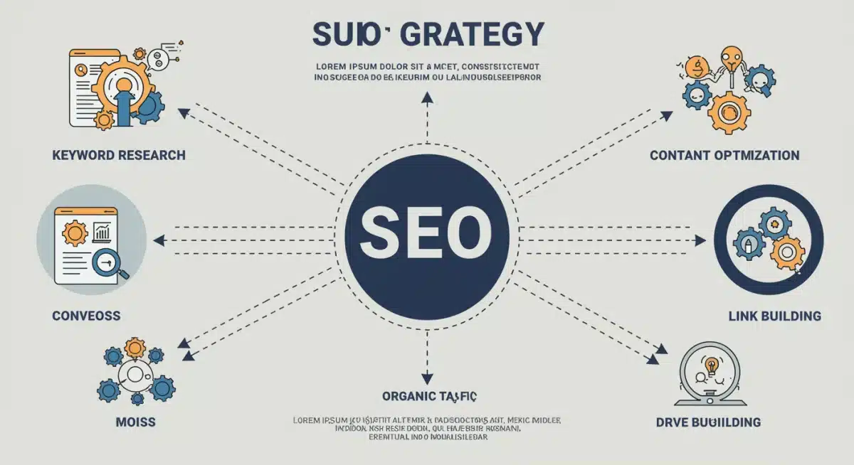 Infographic illustrating a comprehensive SEO strategy with elements like keyword research, content, technical SEO, and link building.