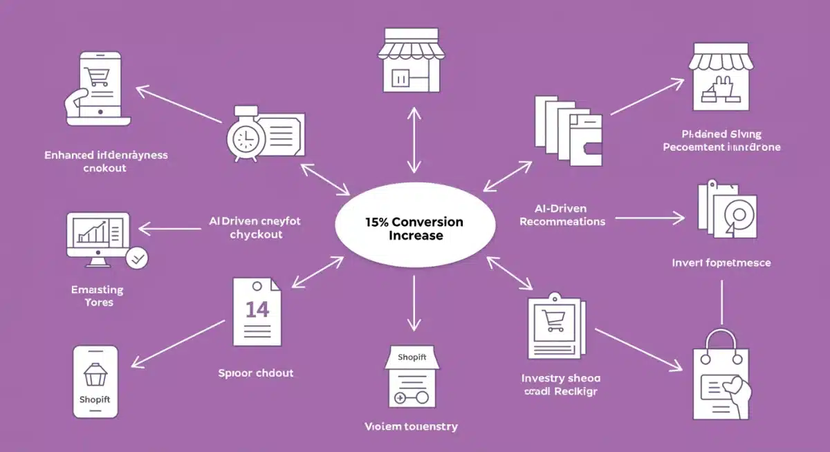 Infographic illustrating how new Shopify features contribute to a 15% conversion boost.