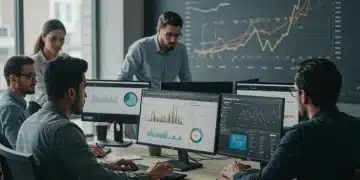 E-commerce professionals analyzing Shopify Plus analytics dashboard with revenue growth charts.