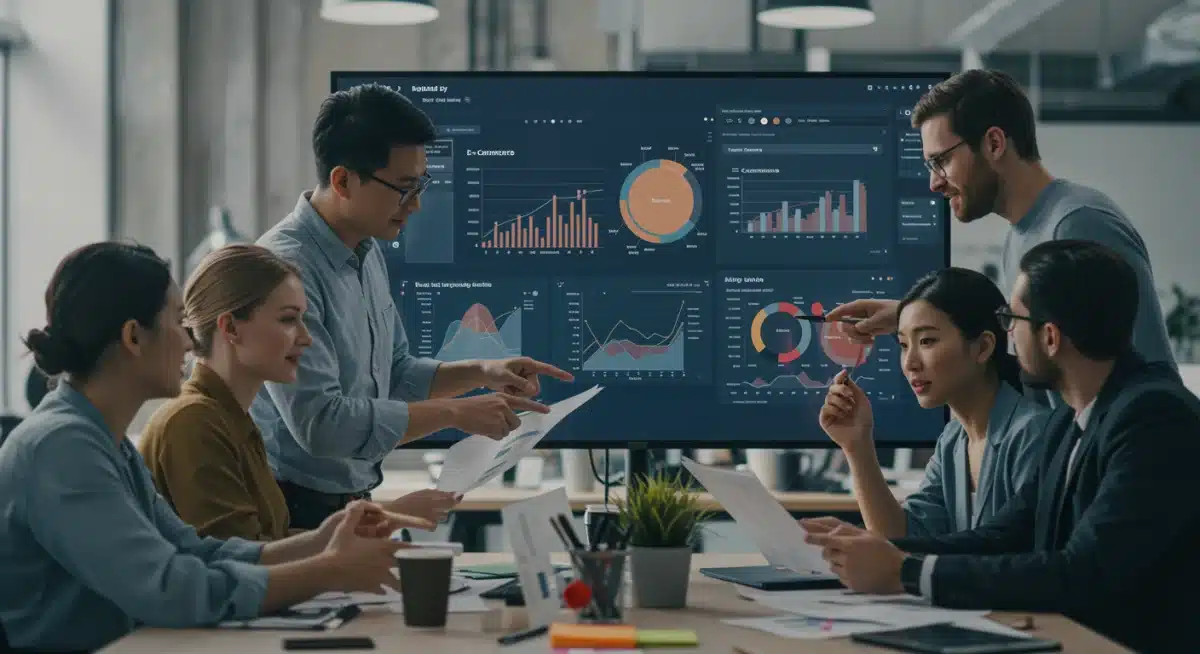 Team analyzing e-commerce analytics and data metrics for competitive benchmarking