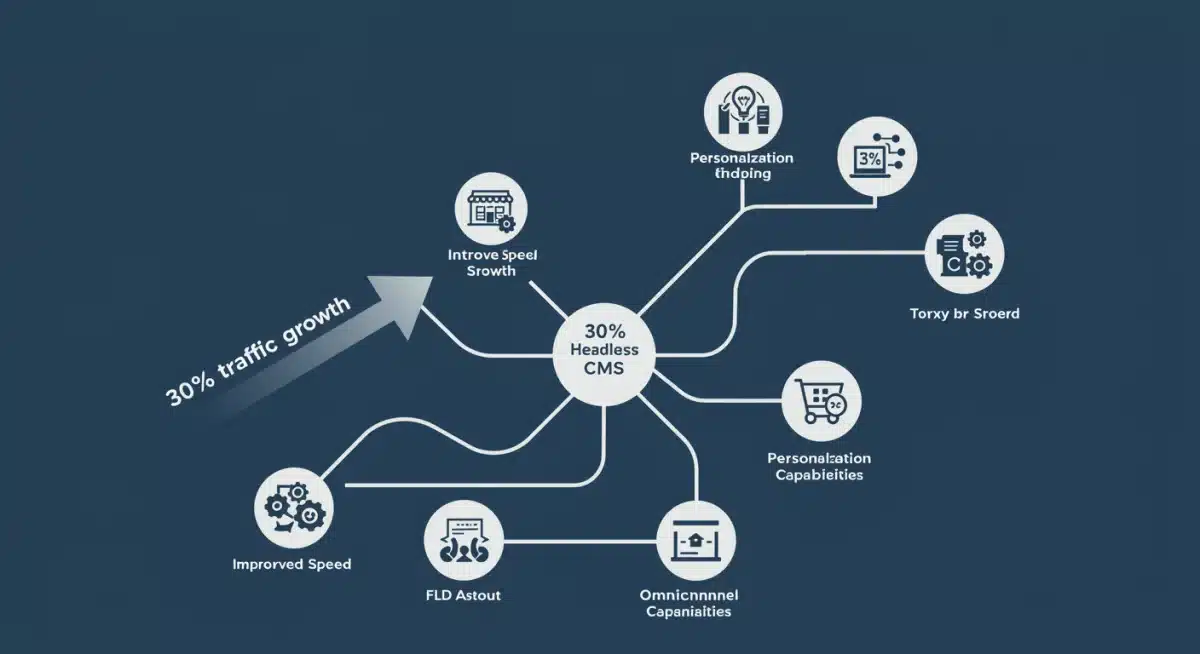 Infographic illustrating 30% traffic growth for US online stores driven by headless CMS benefits like speed and personalization.