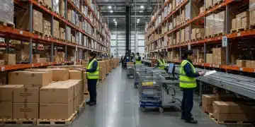 Modern US e-commerce fulfillment center with automated package handling