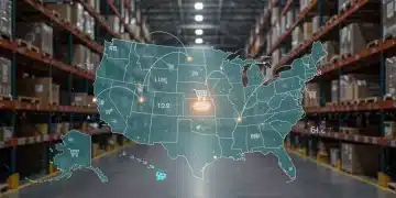 Map of the United States illustrating an online store's expansion to all 50 states by 2025, with digital connections.