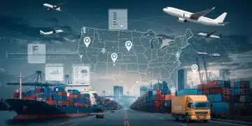 Complex shipping network with US map, data overlays, and on-time delivery clock